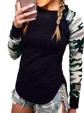 Black Raglan Long Sleeve Top with White/Grey Camo Sleeves